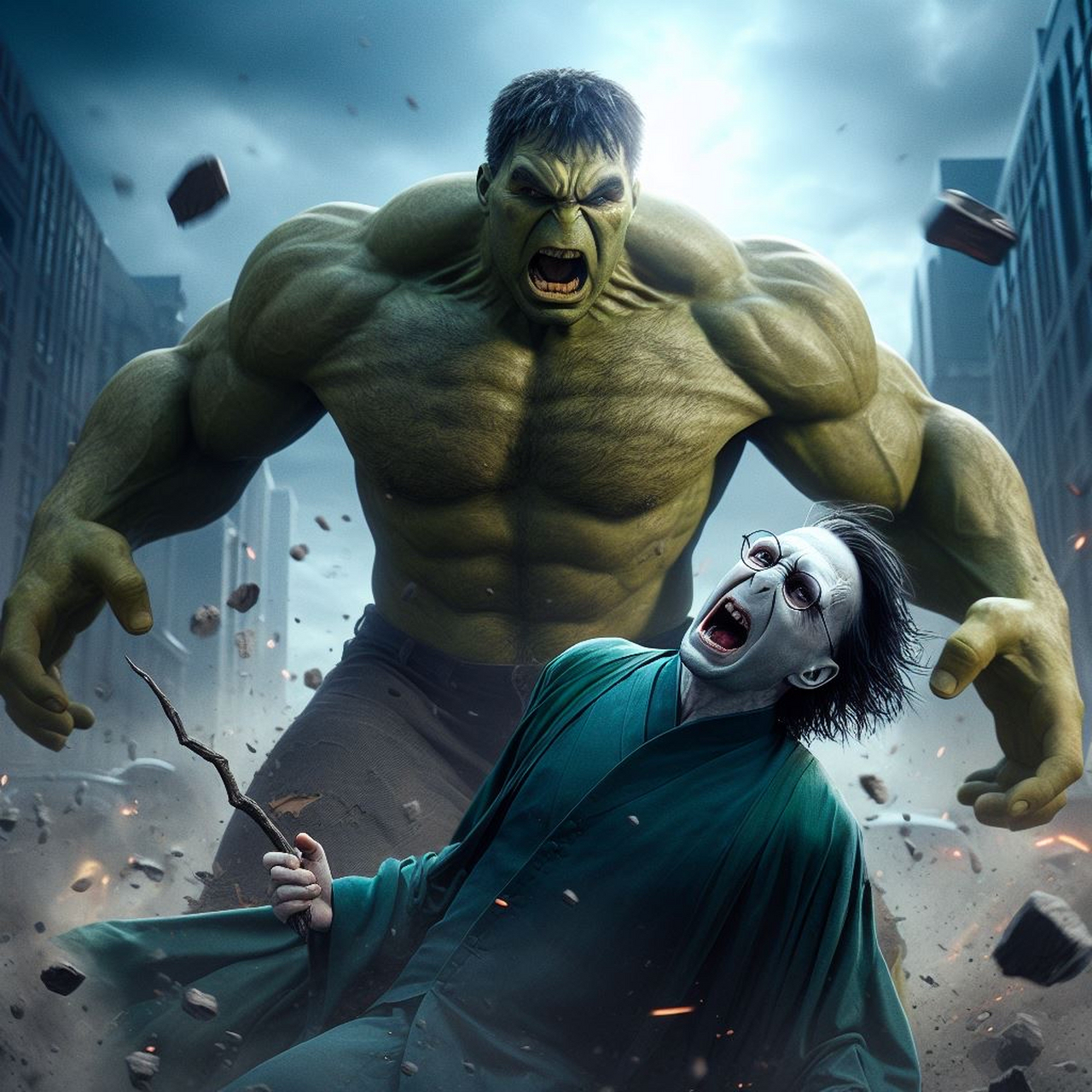 绿巨人浩克暴打伏地魔  感觉这伏地魔不是真的,浩克胸中的怒火燃烧.