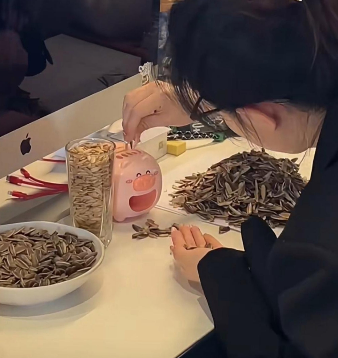 上班的时候坐在电脑前,一边工作一边用她新买的机器嗑瓜子,还想着嗑完