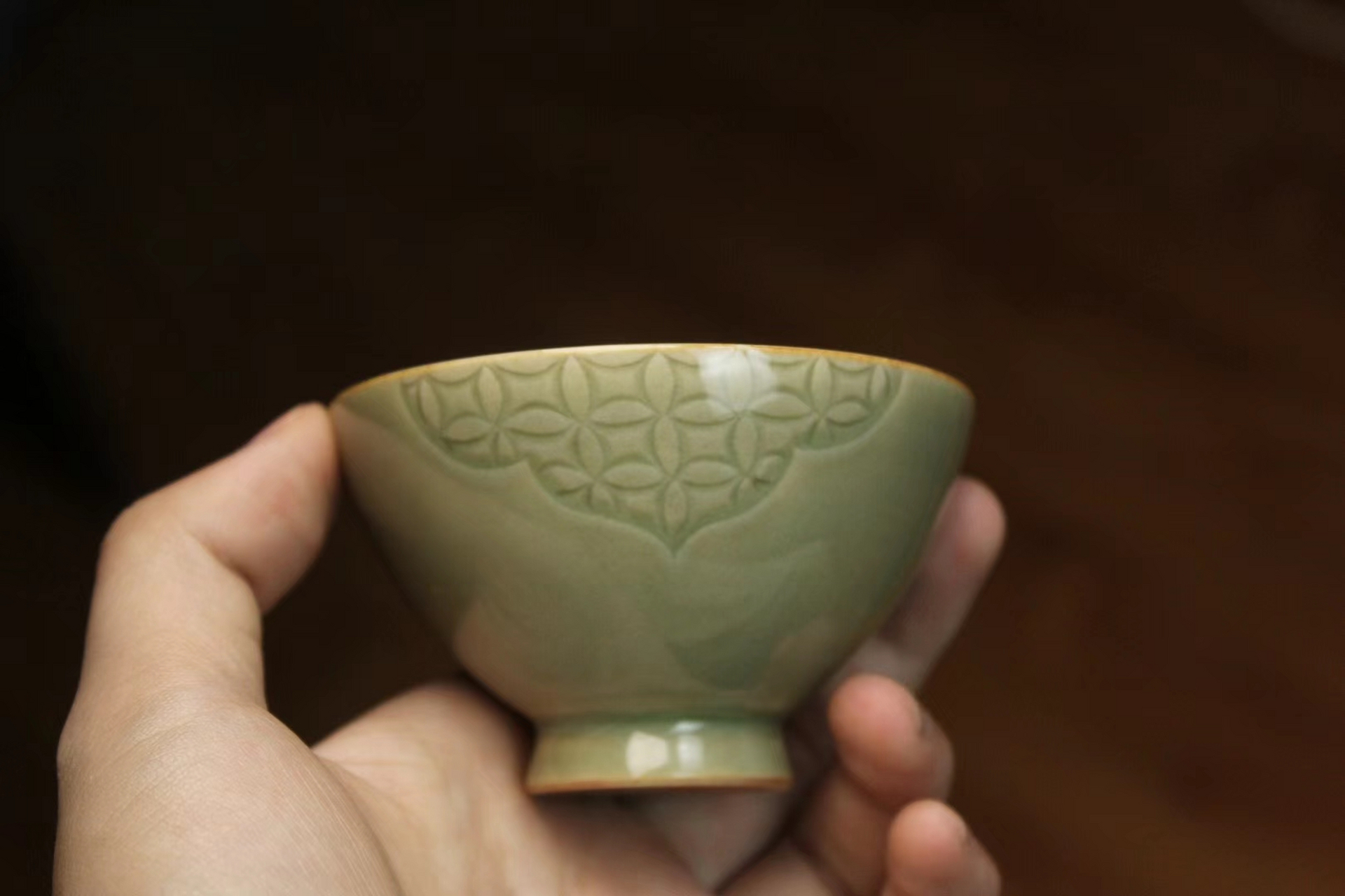 龙泉青瓷 金钱纹茶碗 仿古 豆青釉 口径:8cm 高:4.5cm