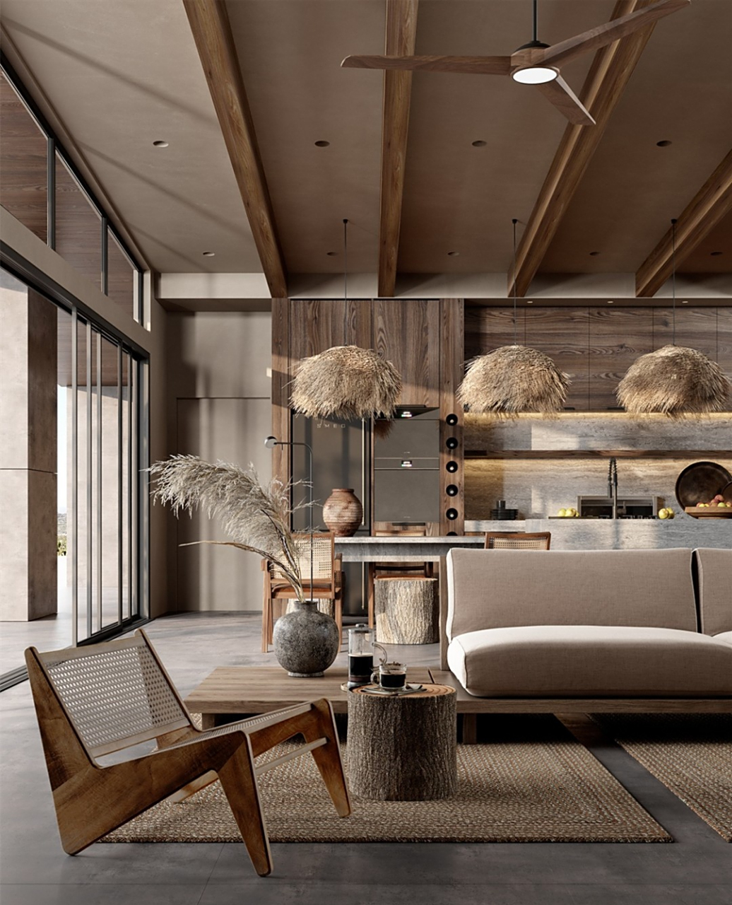 民宿设计分享 | 侘寂风94 家具选用水泥,原木,藤艺元素,满满的氛围