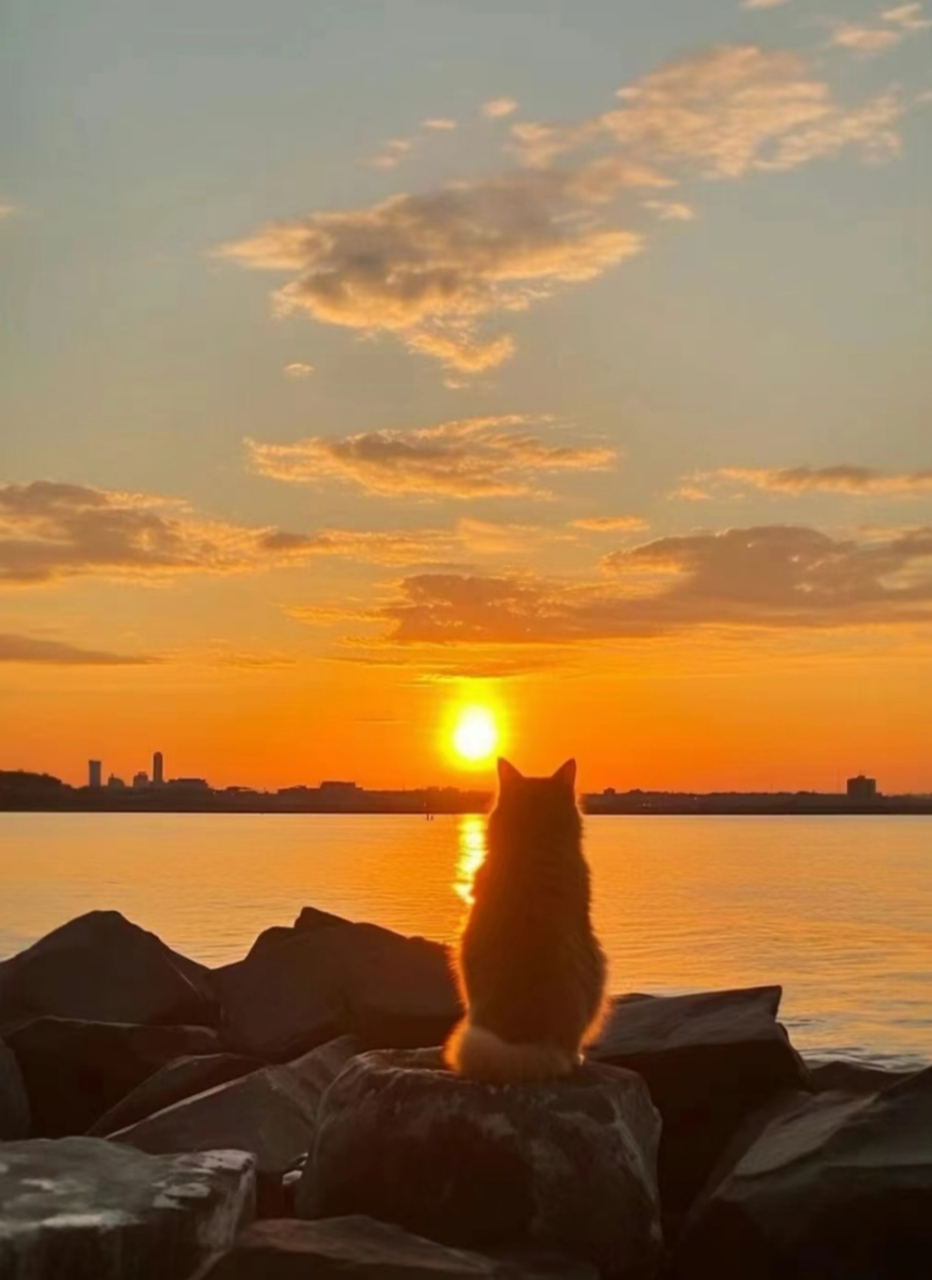 夕阳下的小猫咪,坐在静静的河边,专心欣赏着美丽的日落.