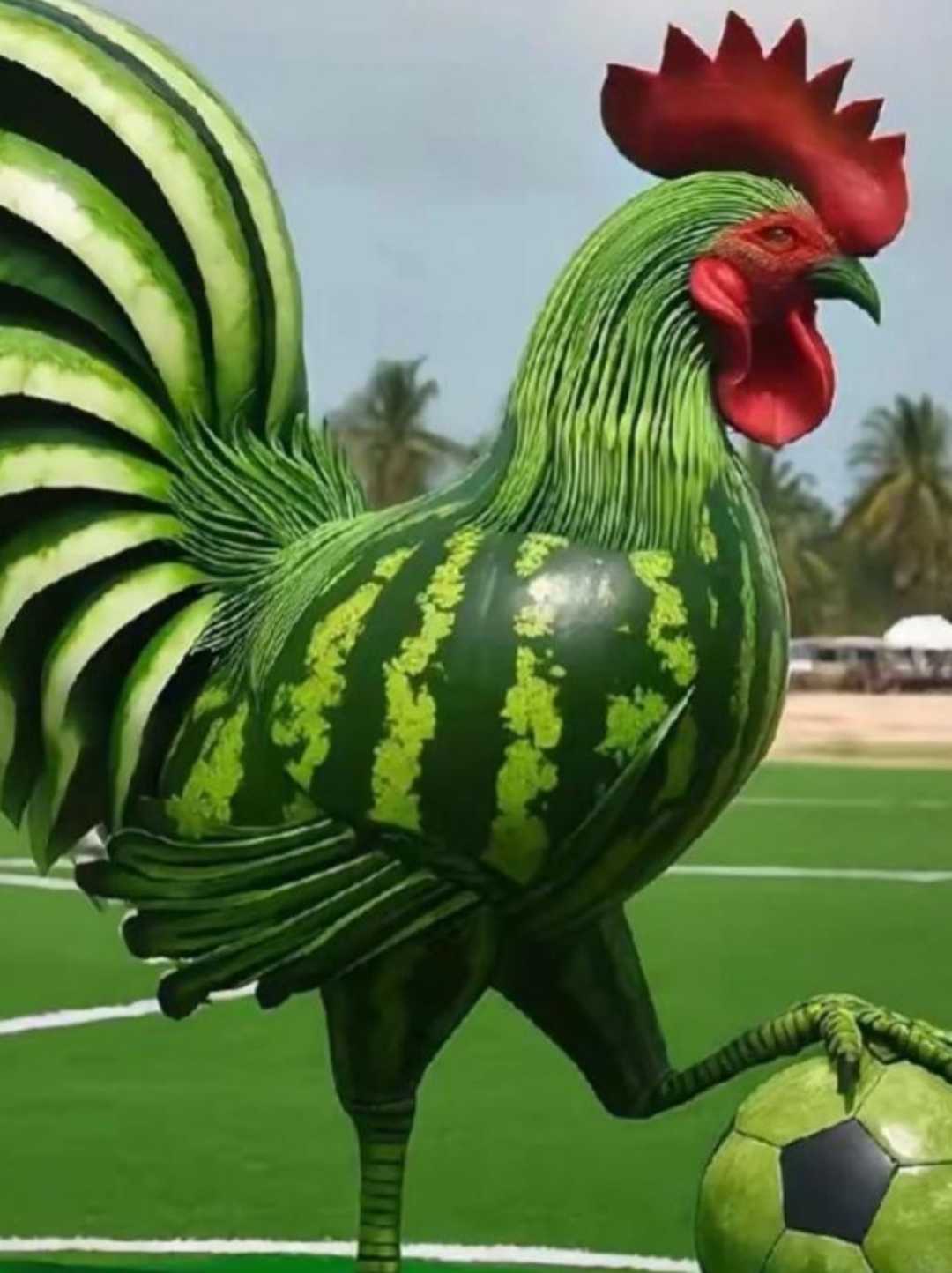 寻常西瓜皮,经匠心雕琢,己化为一只只雄赳赳的公鸡,栩栩如生,跃然眼前