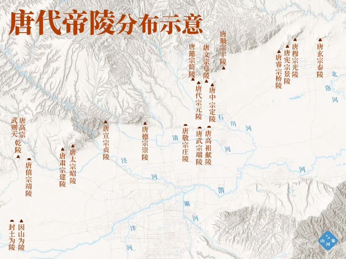 关中十八唐帝陵分布图,绵延于北山山脉南麓