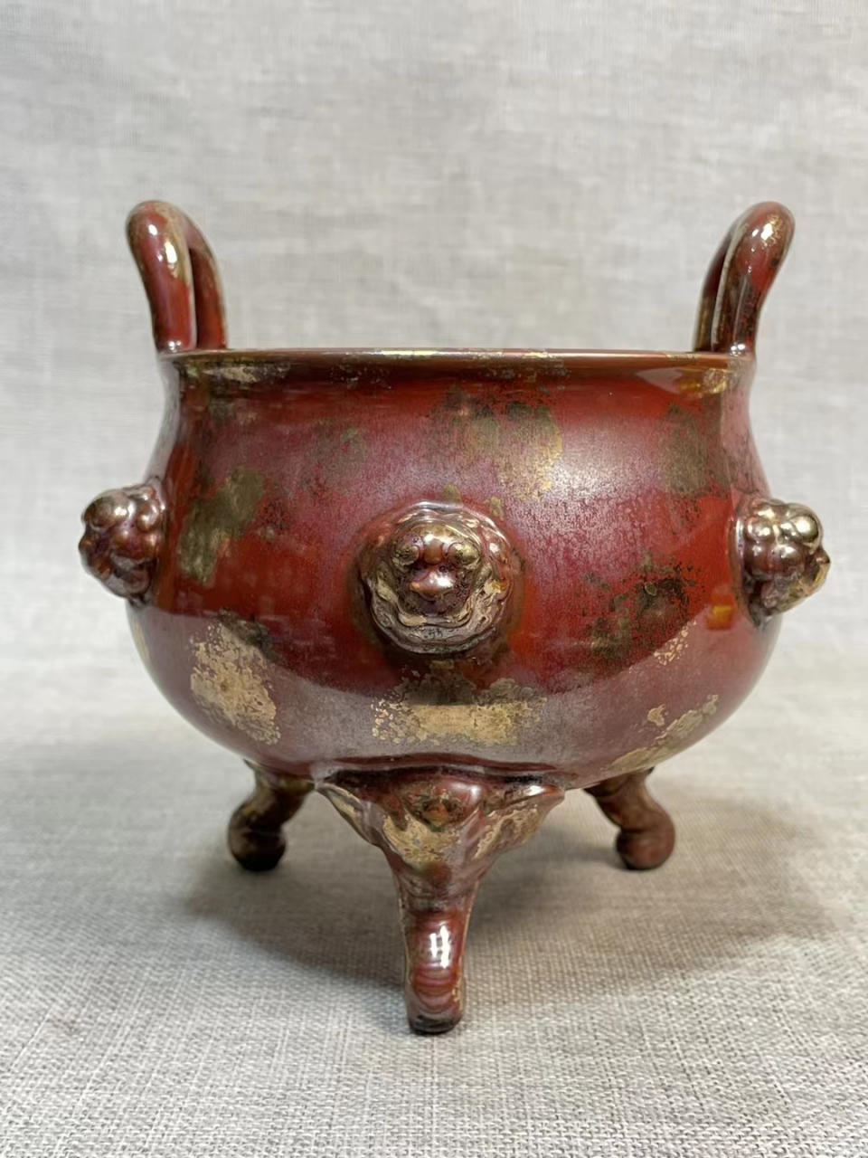 清中期古铜釉描金兽耳三足双耳炉
