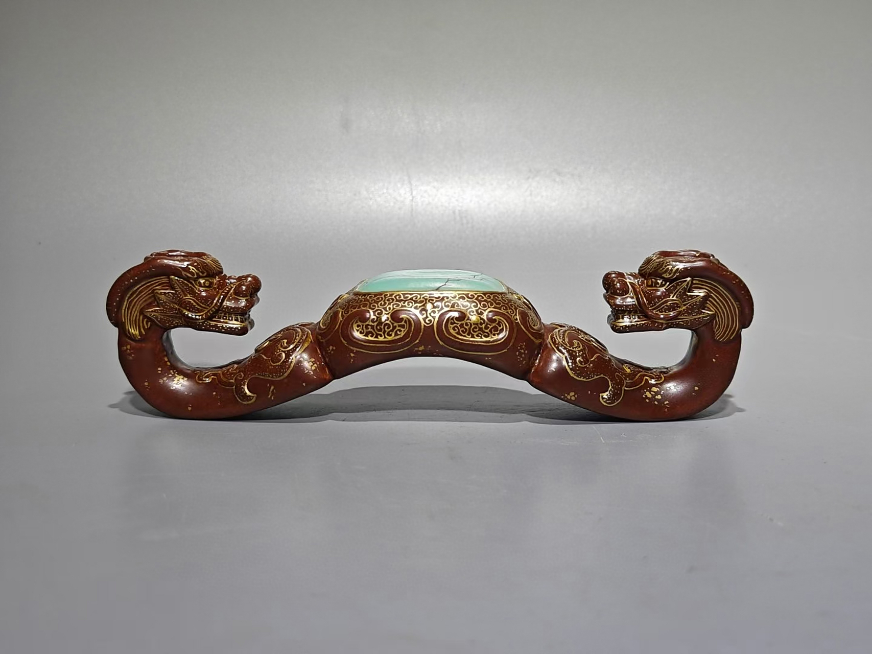 清中期金紫釉描金松石绿龙头如意摆件