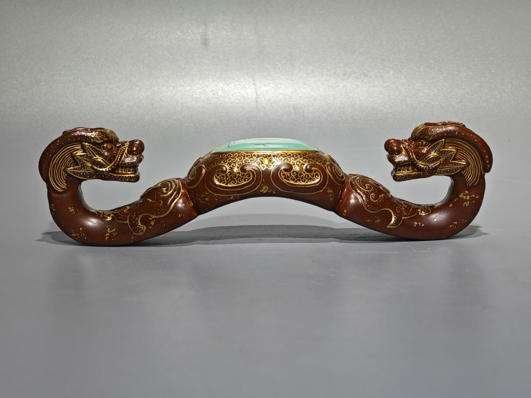 清中期金紫釉描金松石绿龙头如意摆件