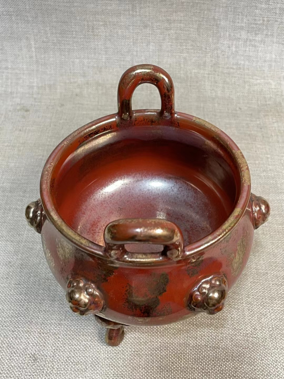 清中期古铜釉描金兽耳三足双耳炉