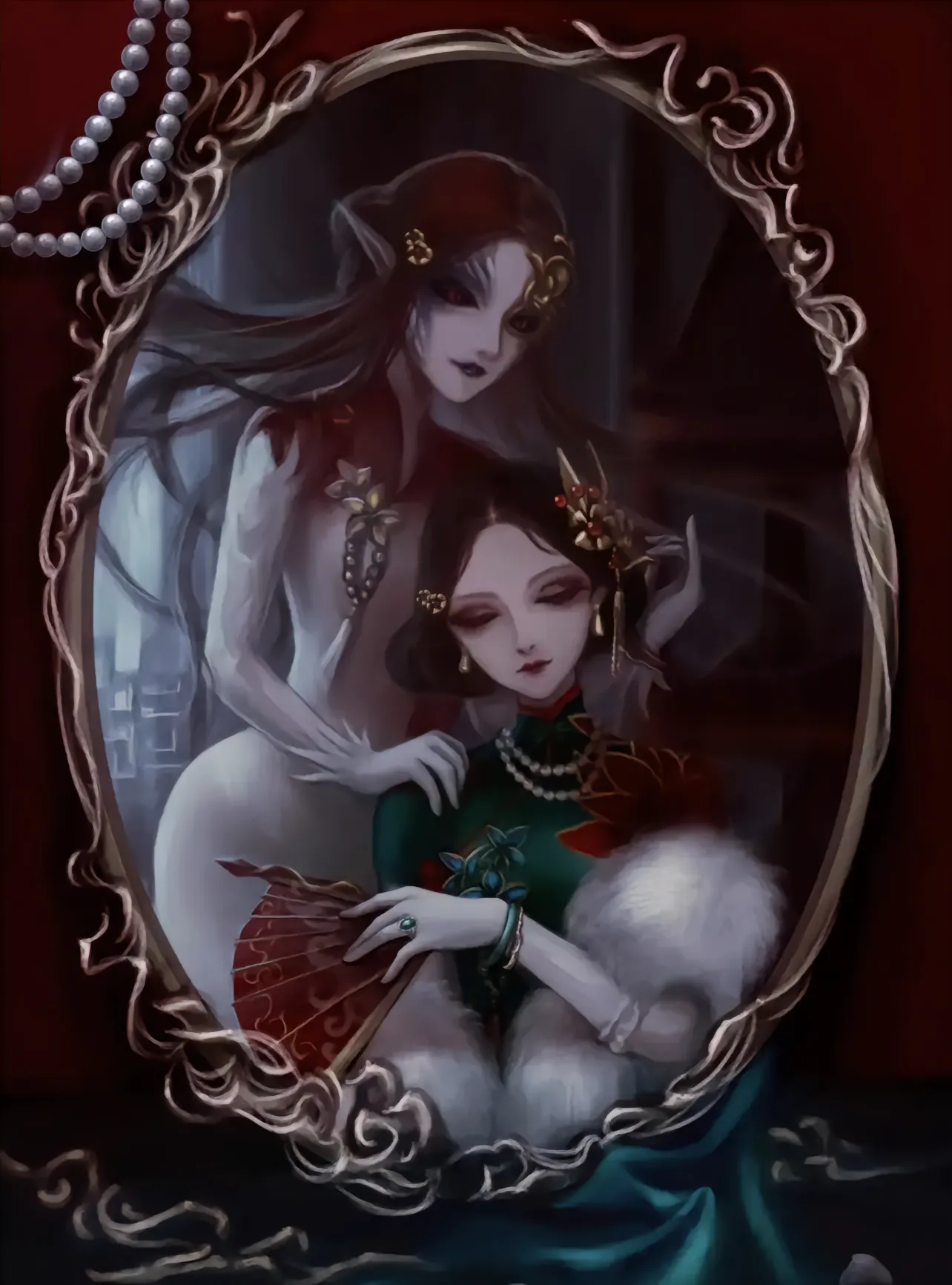 "镜中妖娆,古风韵致,珍珠点缀,尽展红蝶之美