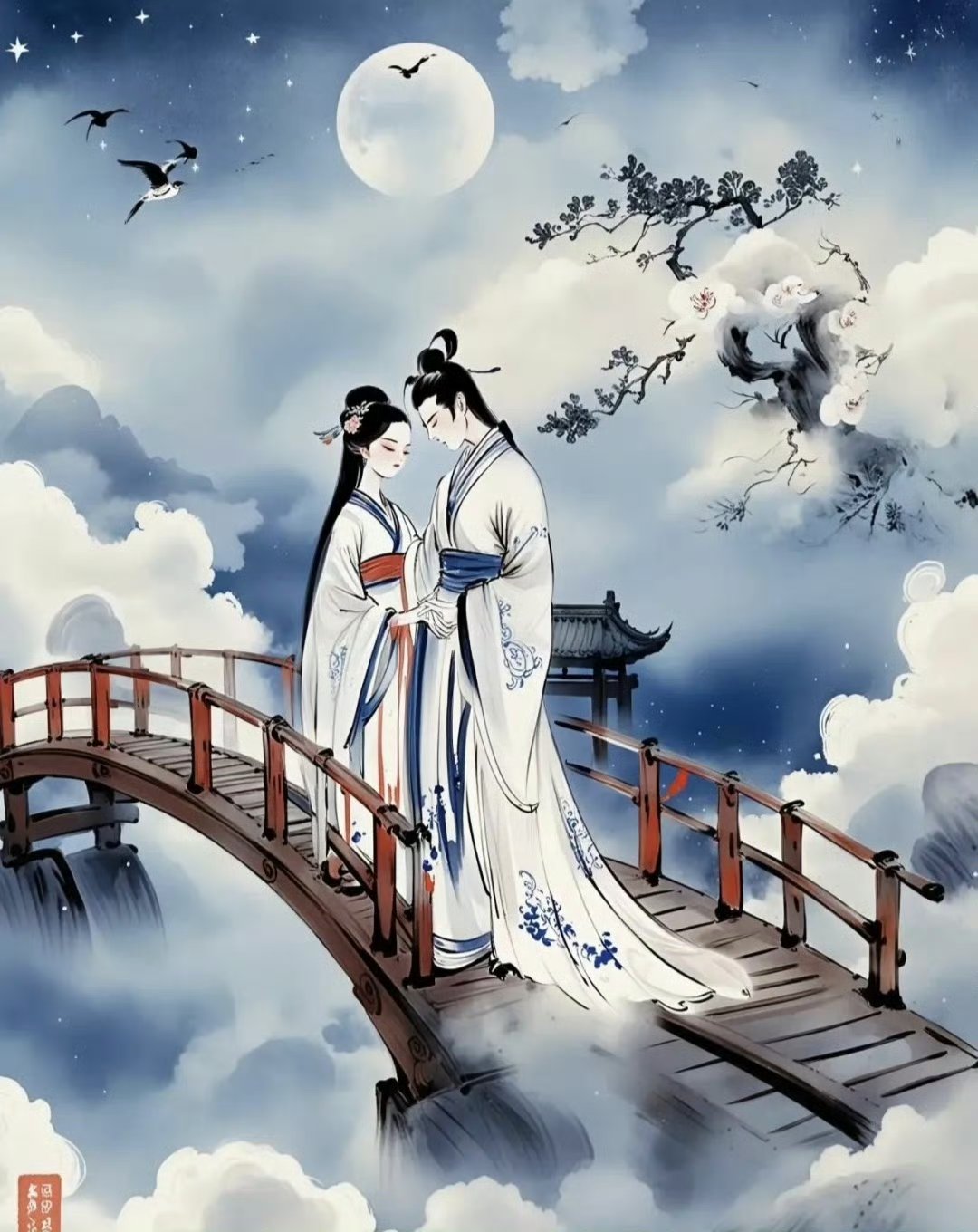 银河阻隔路迢迢, 一年一次会鹊桥. 牛女相见叙恩爱, 凡俗只约度良宵