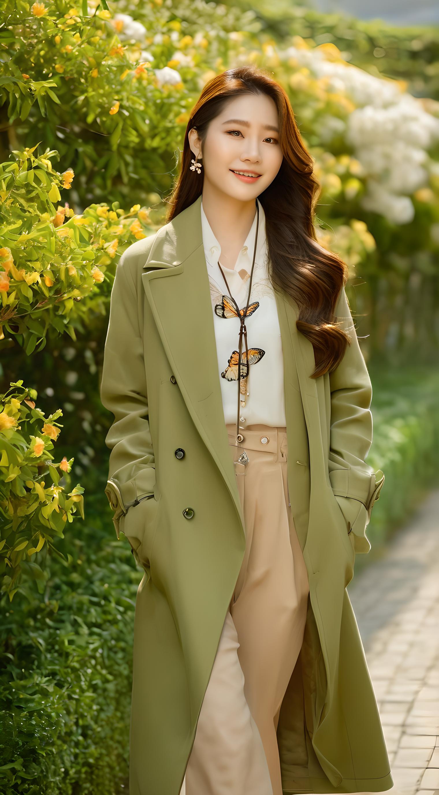 仿佛将盎然春意穿在身上,搭配的米色衬衫则如温暖阳光,与绿色外套形成