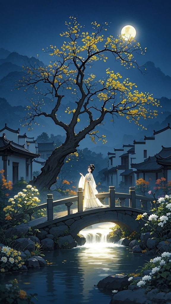 秋天的夜晚,秋月好圆,站在桥上看风景的人,成了别人眼中的画中人