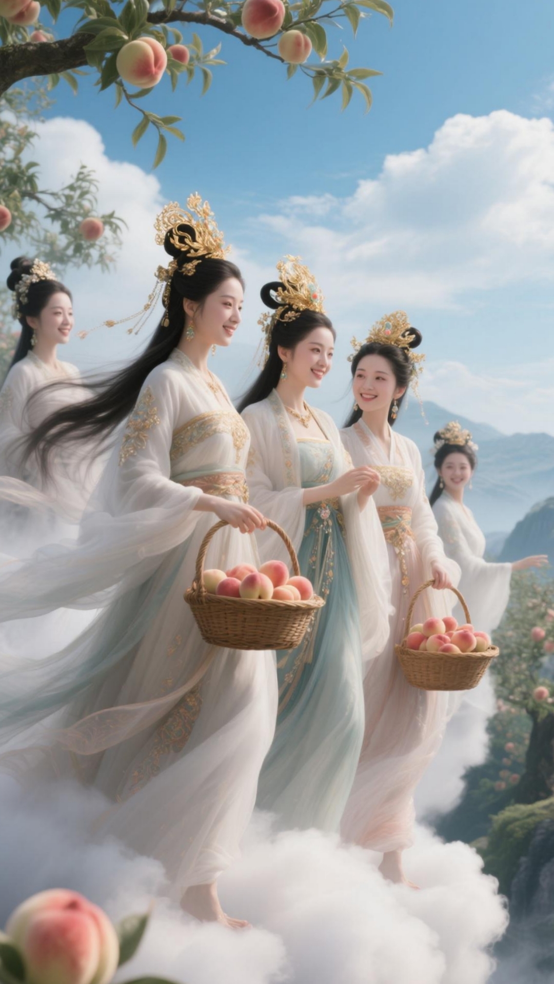 几位仙女肤若凝脂,头戴华丽金色冕旒冠,身着缀满精致配饰的飘逸华裳