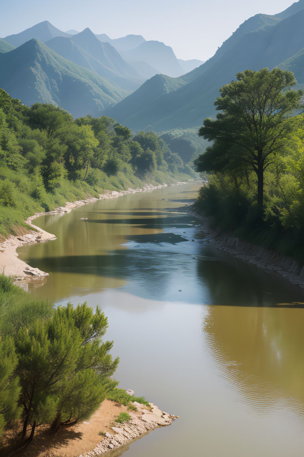 河水清澈,闪烁着阳光的色彩,它流淌过沙地,抚摸着绿草如茵的山丘,亲吻
