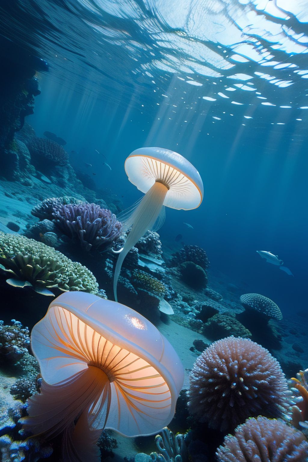 在这深邃的蓝色中,两只发光的水母,如梦幻的精灵,轻轻摇曳,漂浮在无尽