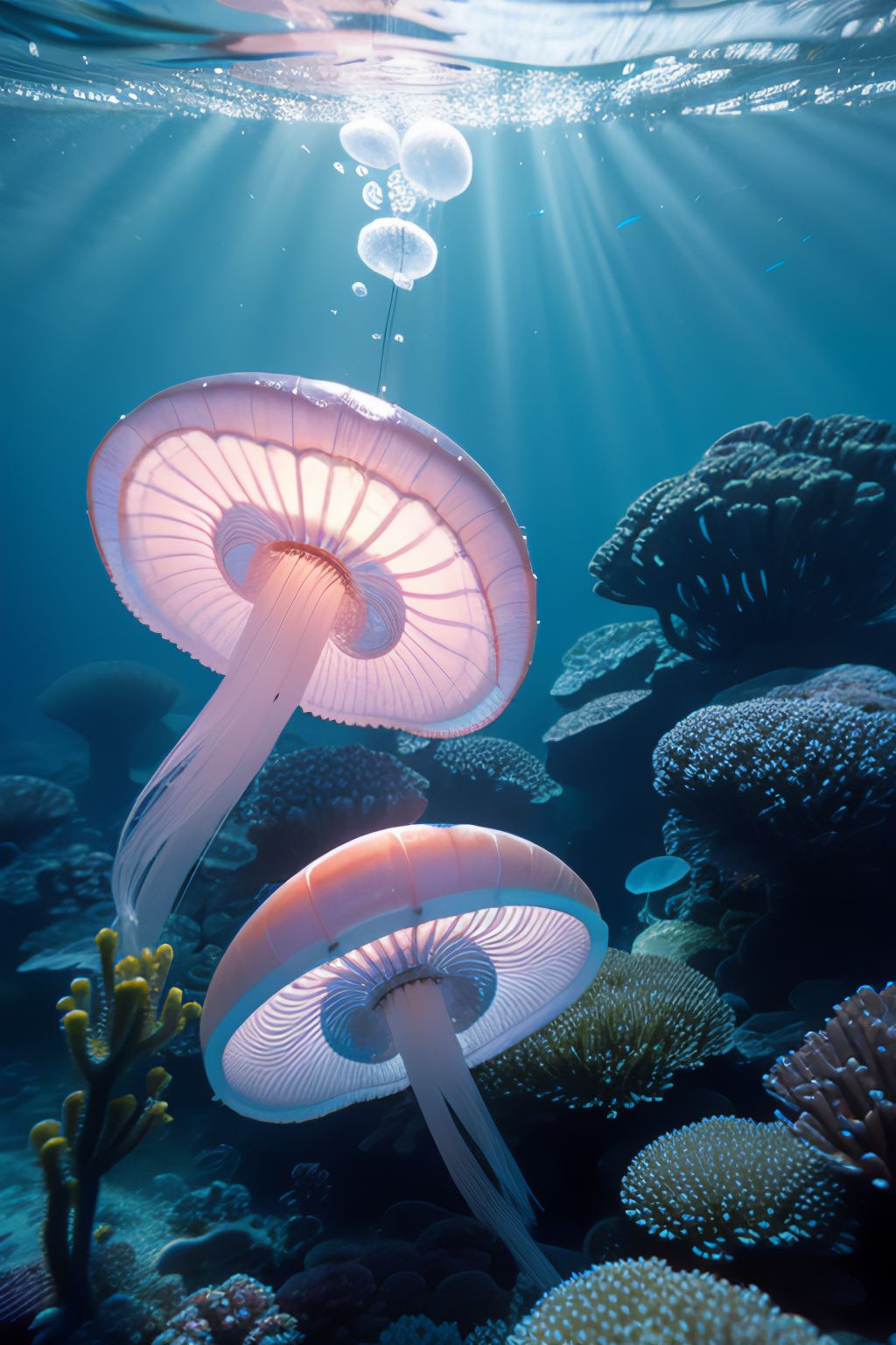 在这片深邃的蓝海中,两只水母犹如精灵般舞动,悠扬而自由.