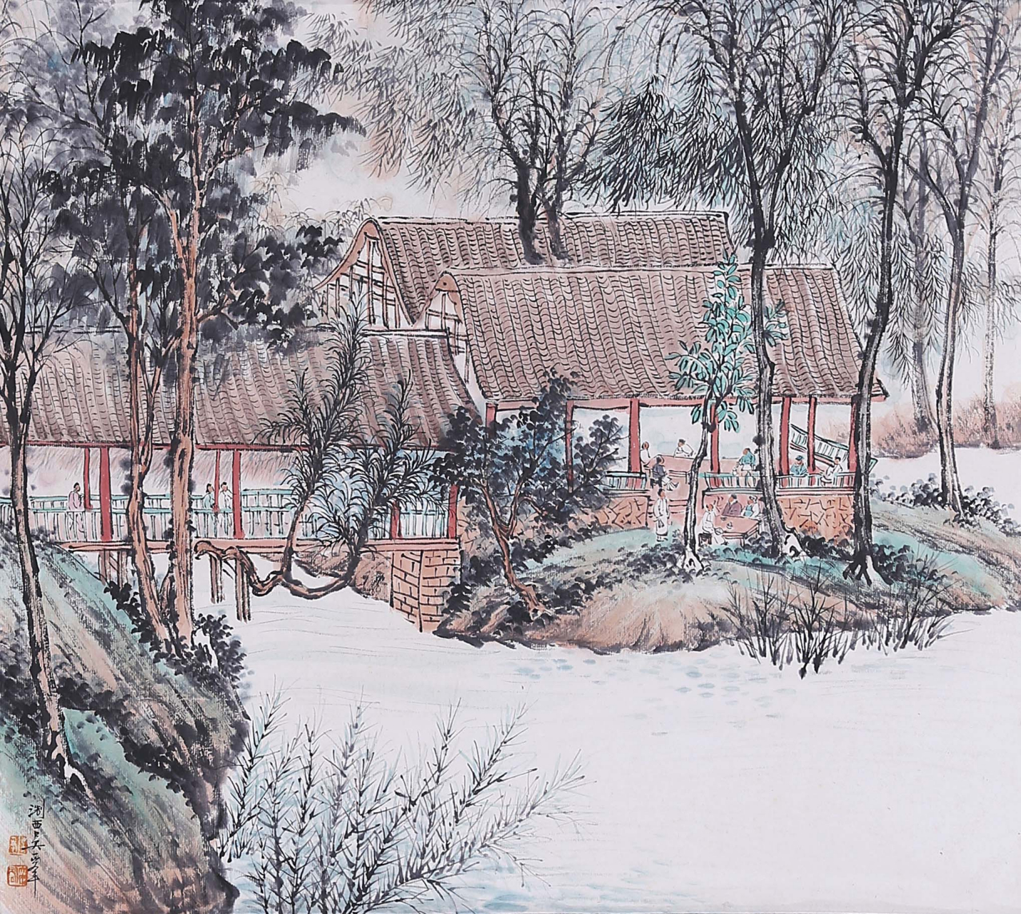 山村小景,繁花似锦,田园生活场景,体现在国画作品中,令人赏心悦目.