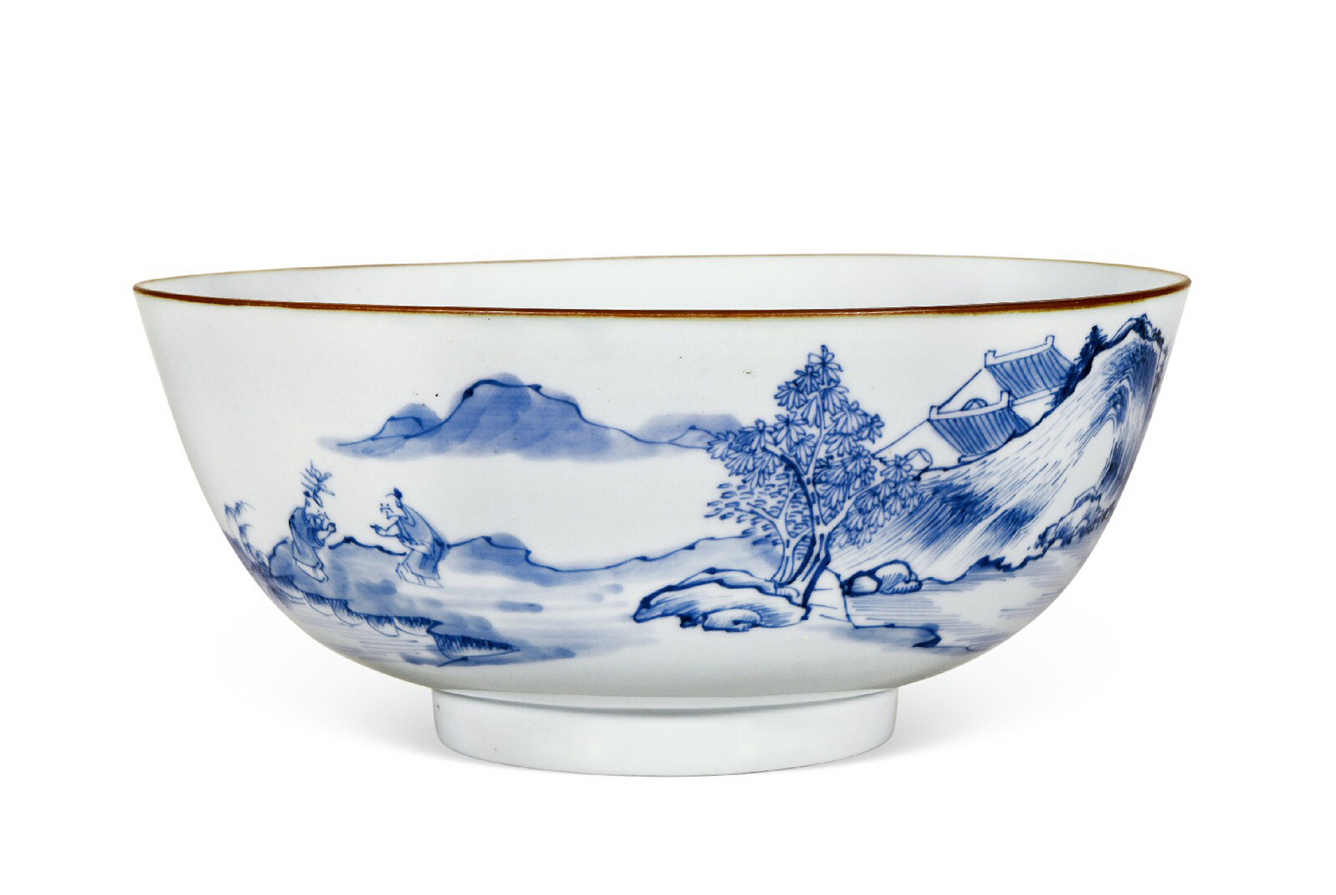 清康熙 青花披麻皴山水人物图大海碗 清康熙 青花荷塘芦雁图净水钵 清