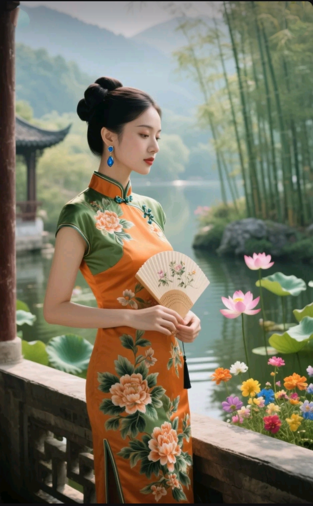暮色四合时分,黛瓦粉墙的江南老宅前,一袭墨绿暗纹旗袍的佳人执伞而立