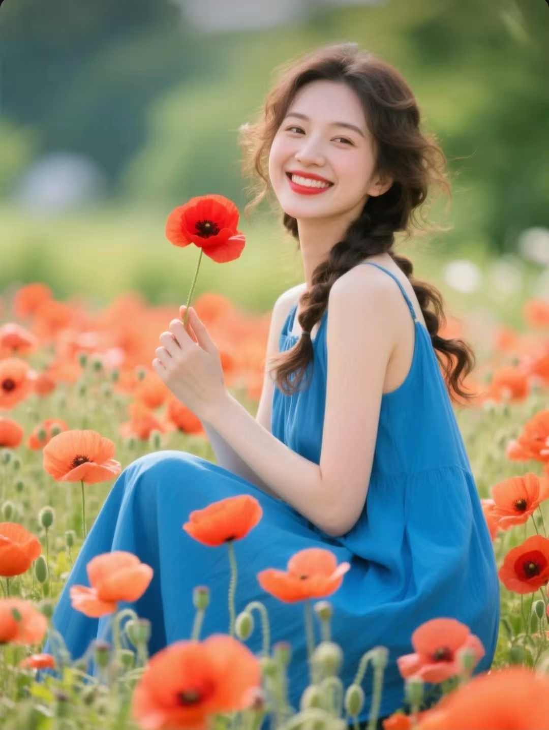 坐在花田里,阳光洒在脸上,女孩笑容灿烂