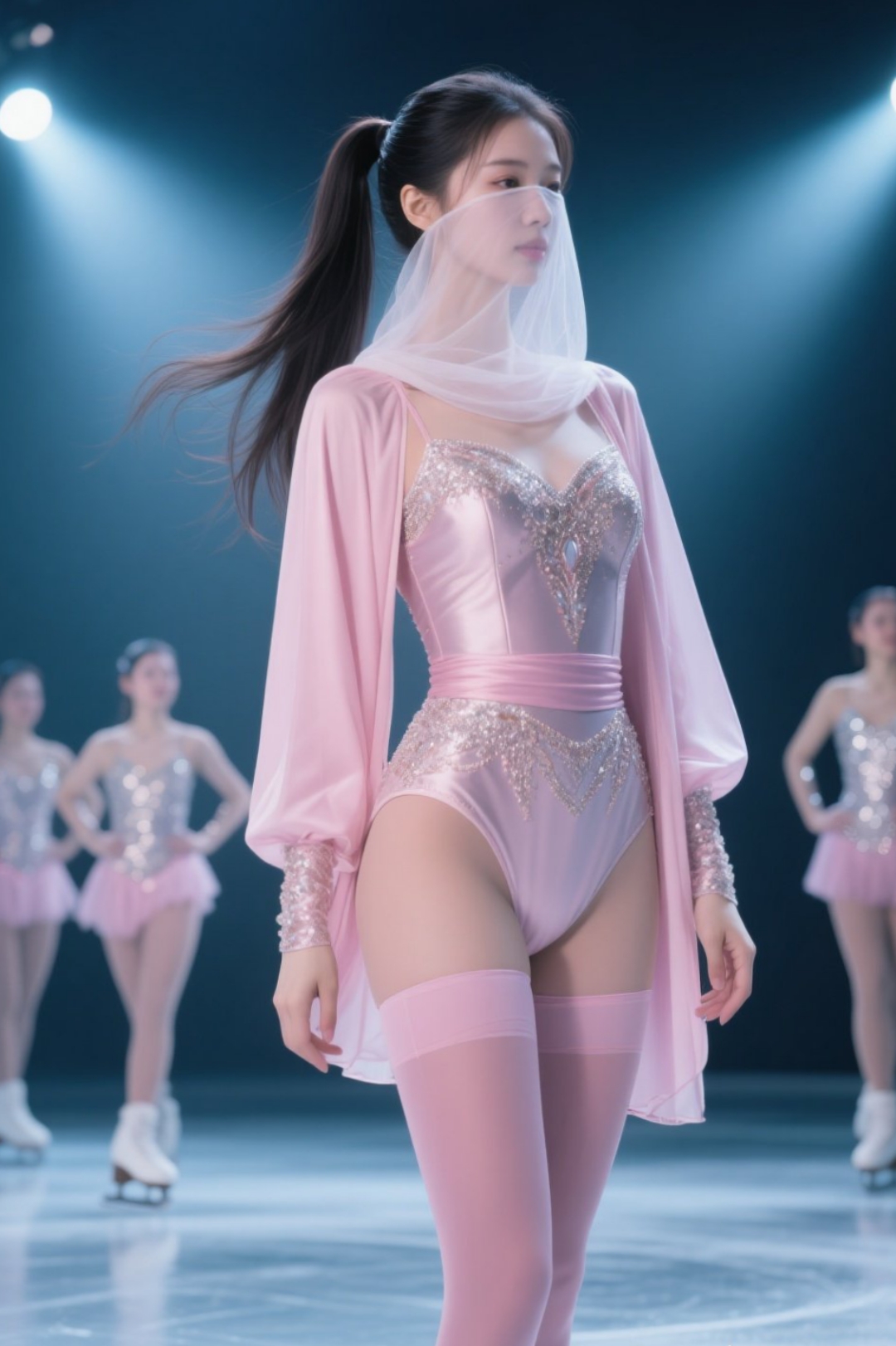 冰面如镜,她身披粉钻舞裙旋转,冰刃划出星轨,裙摆扬起银河,发梢珍珠与