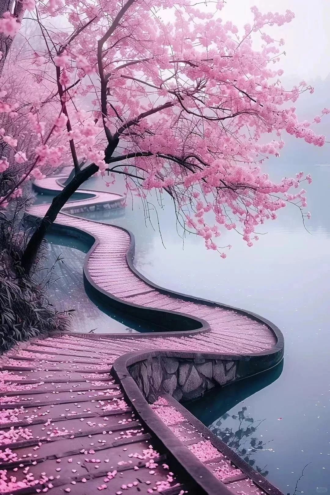 两侧樱花盛开,繁花似锦,犹如一片粉色的海洋,让人陶醉其中.