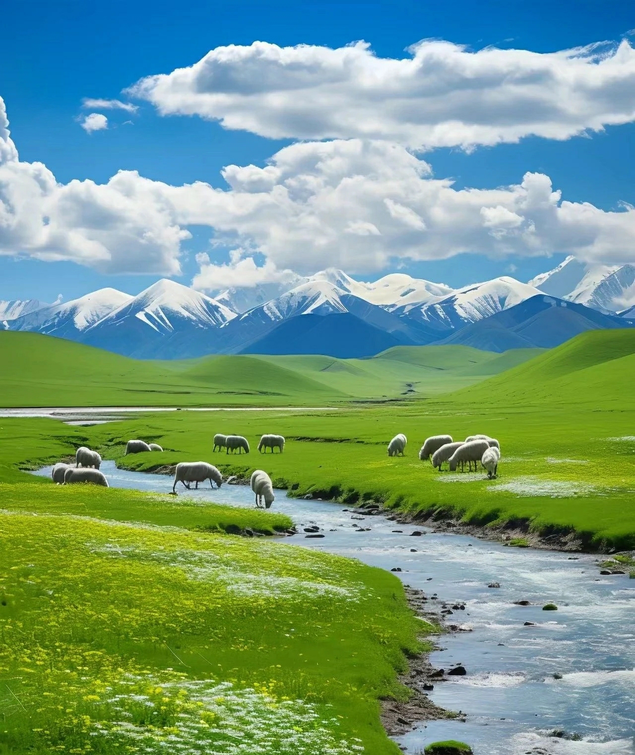 一群白色的羊群悠闲地享受着美食,它们的欢快跳跃,犹如生活中的小确幸