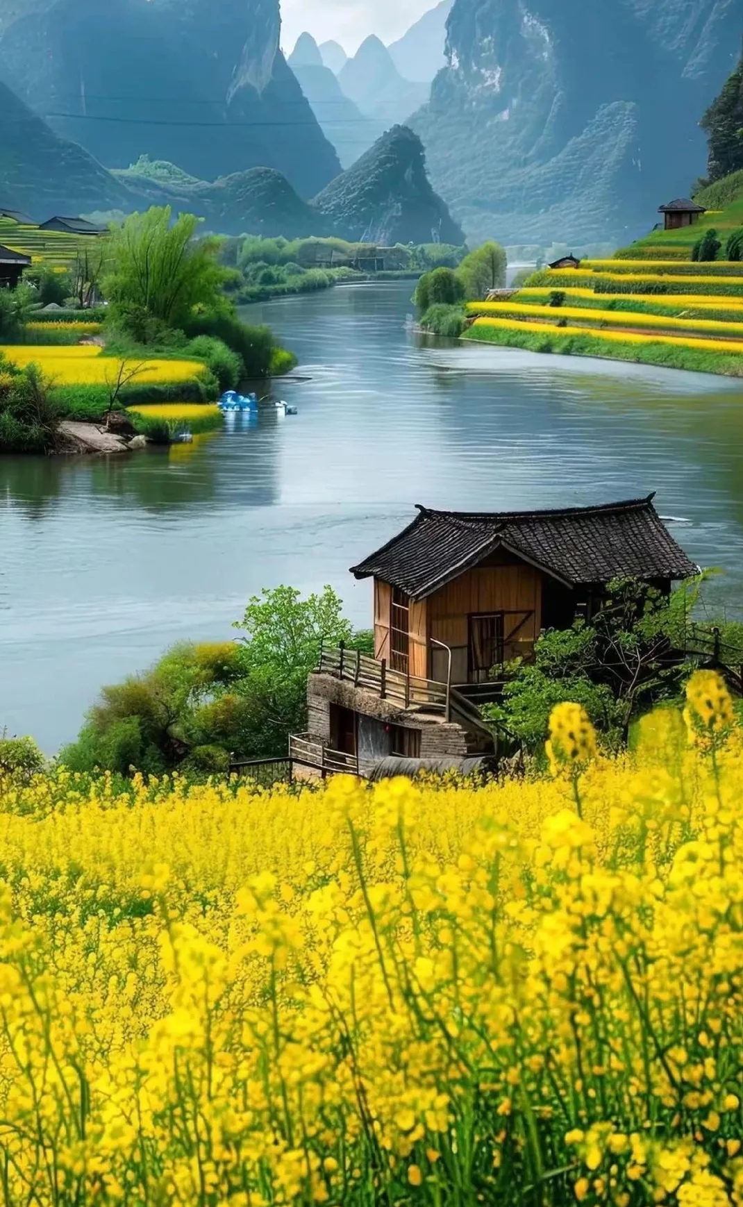 🌼春日里的油画💛 🌸🍃🏠远处的房屋在夕阳下若隐若现,天空
