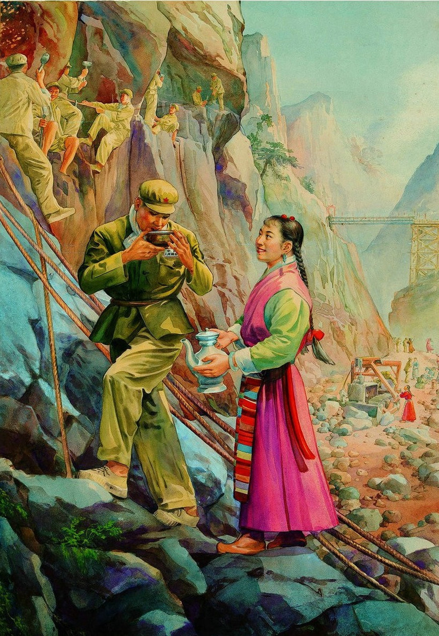 1957年由画家俞微波创作的《开山筑路架桥梁》纸本水粉画,一群解放军