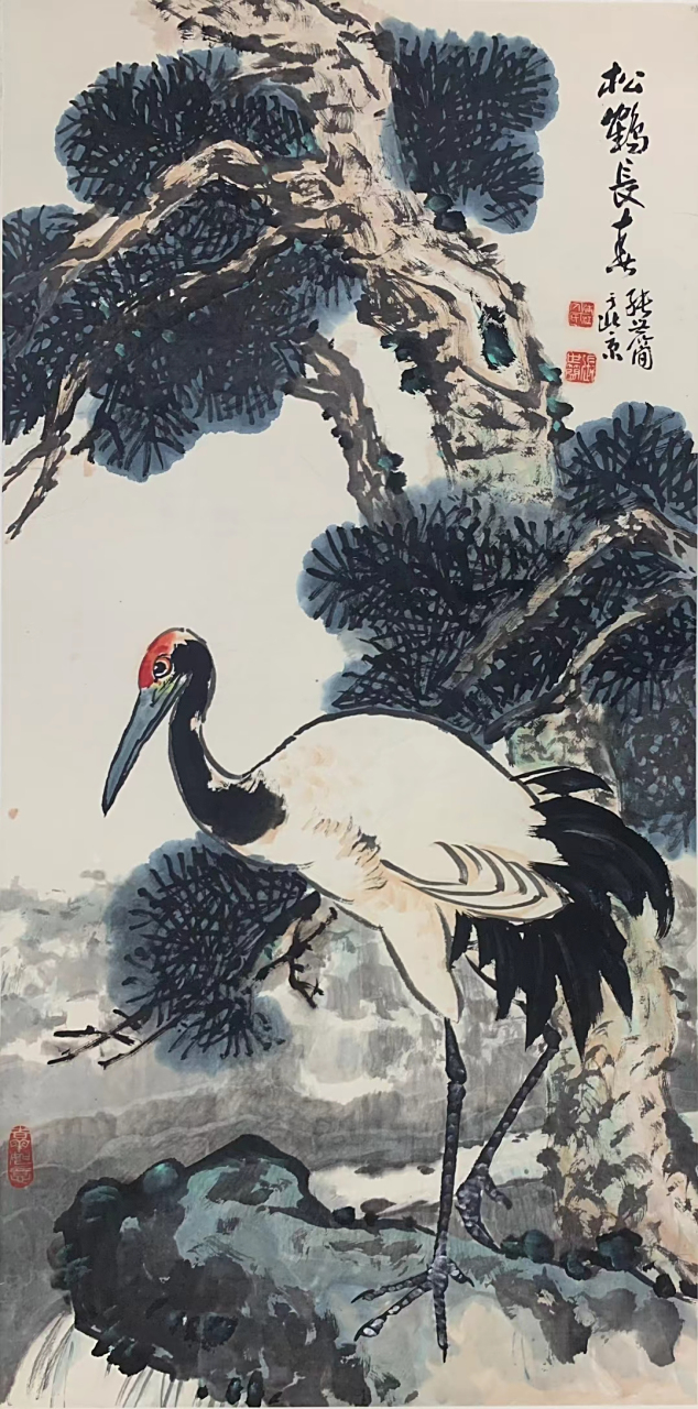 张世简 四尺整纸 题材好 松鹤长寿#艺术# #国画