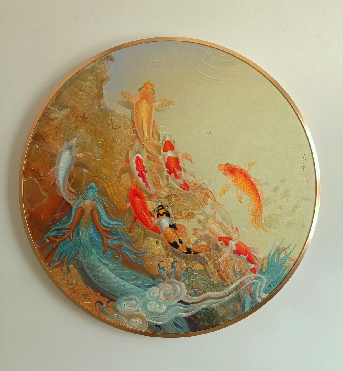 荷花金鱼图#艺术# #油画