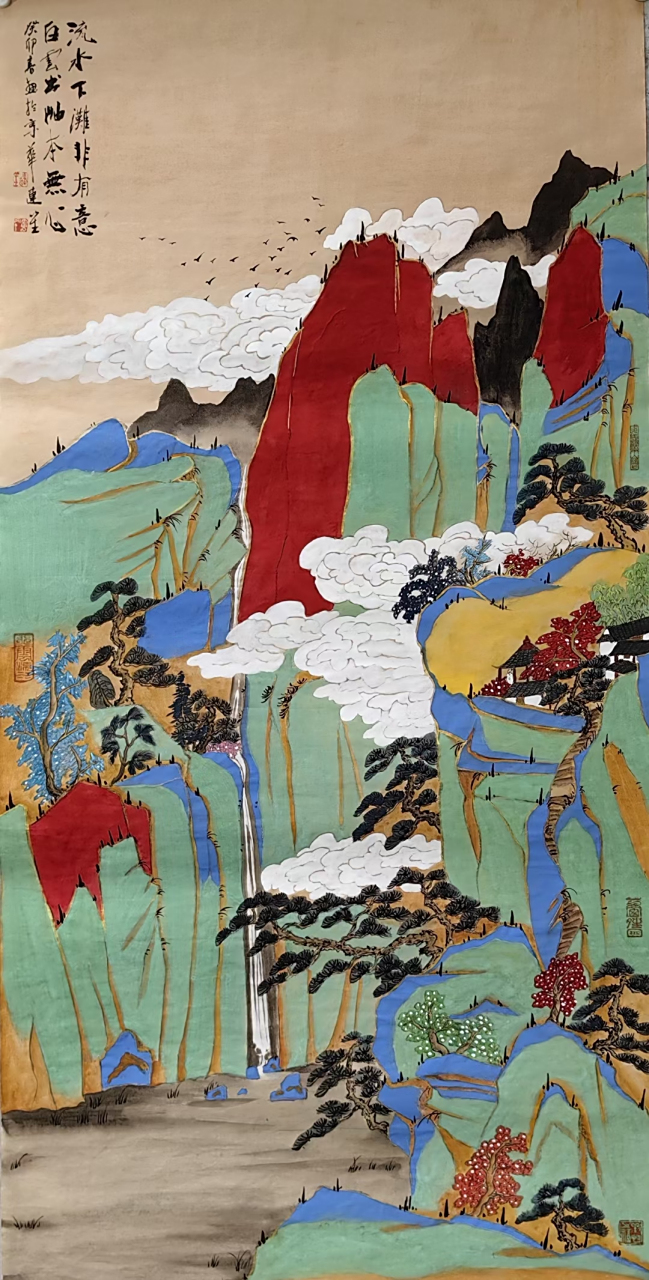 画家王连笙老师,重彩描金题材精品山水作品#艺术##国画