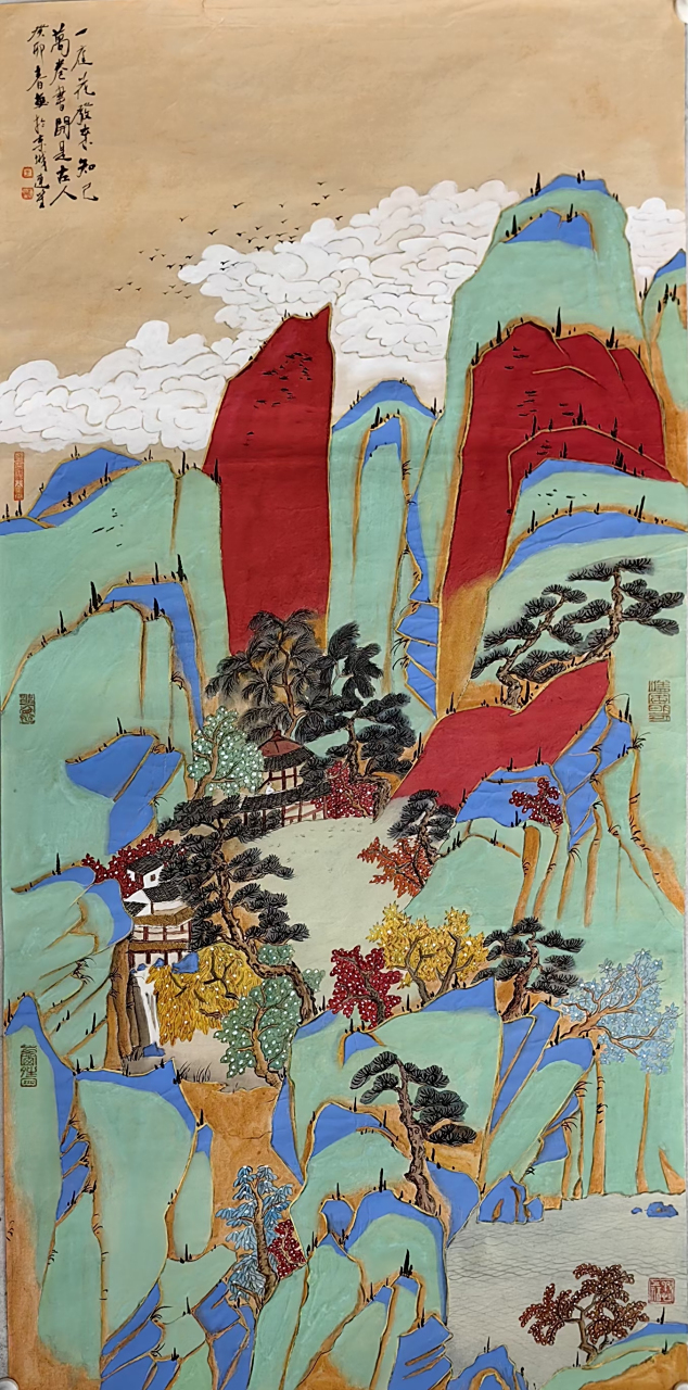 画家王连笙老师,重彩描金题材精品山水作品#艺术##国画