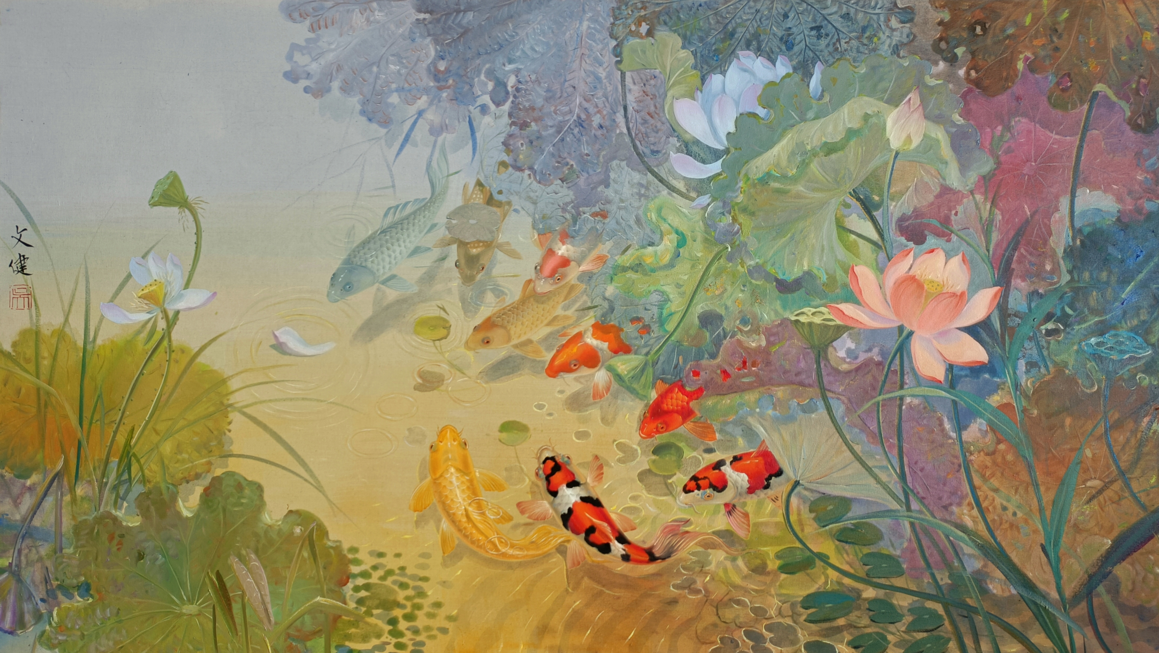 荷花金鱼图#艺术# #油画