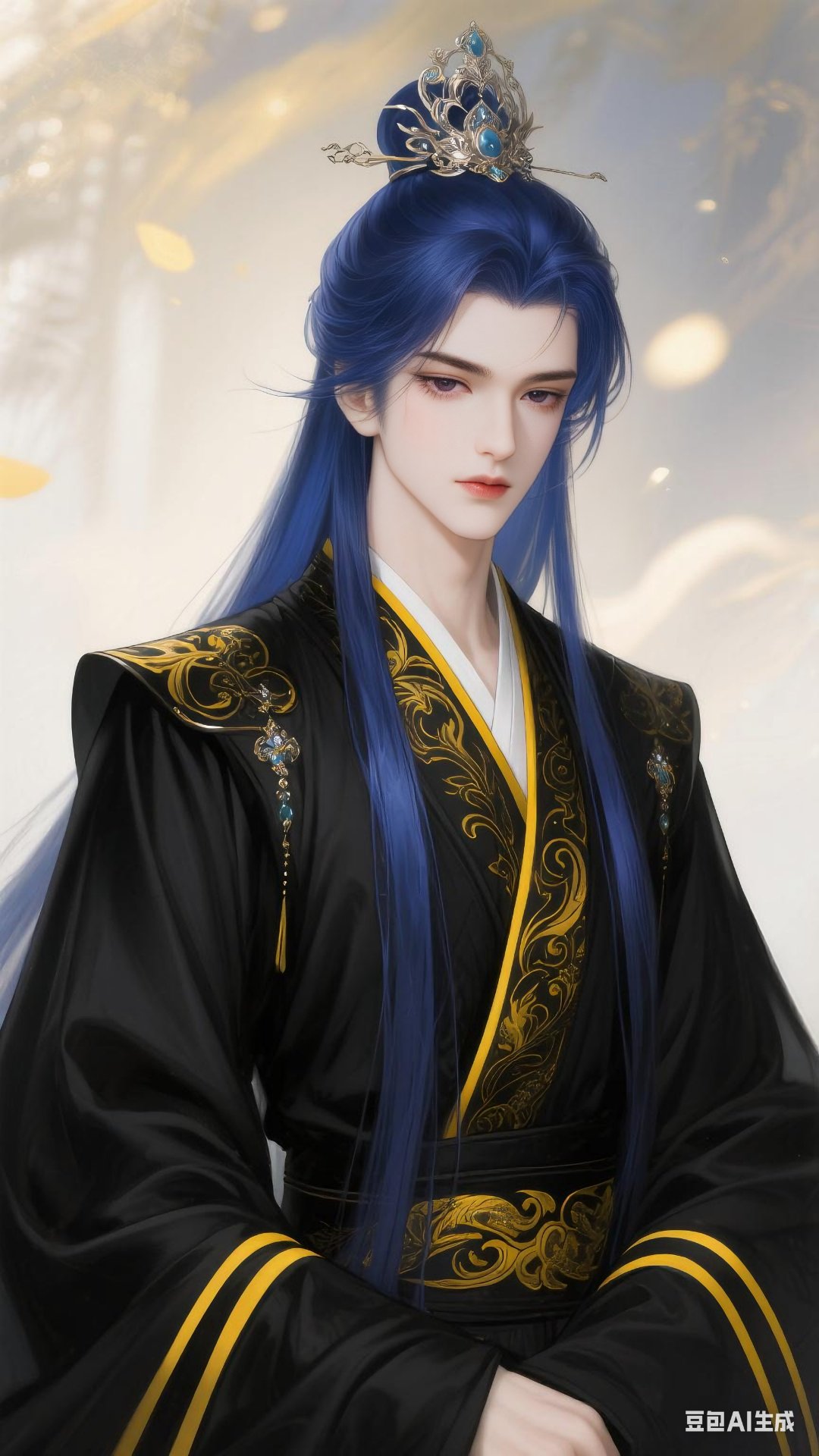 古风蓝发美男,束冠着金蓝华服,焰影衬其矜贵冷峻