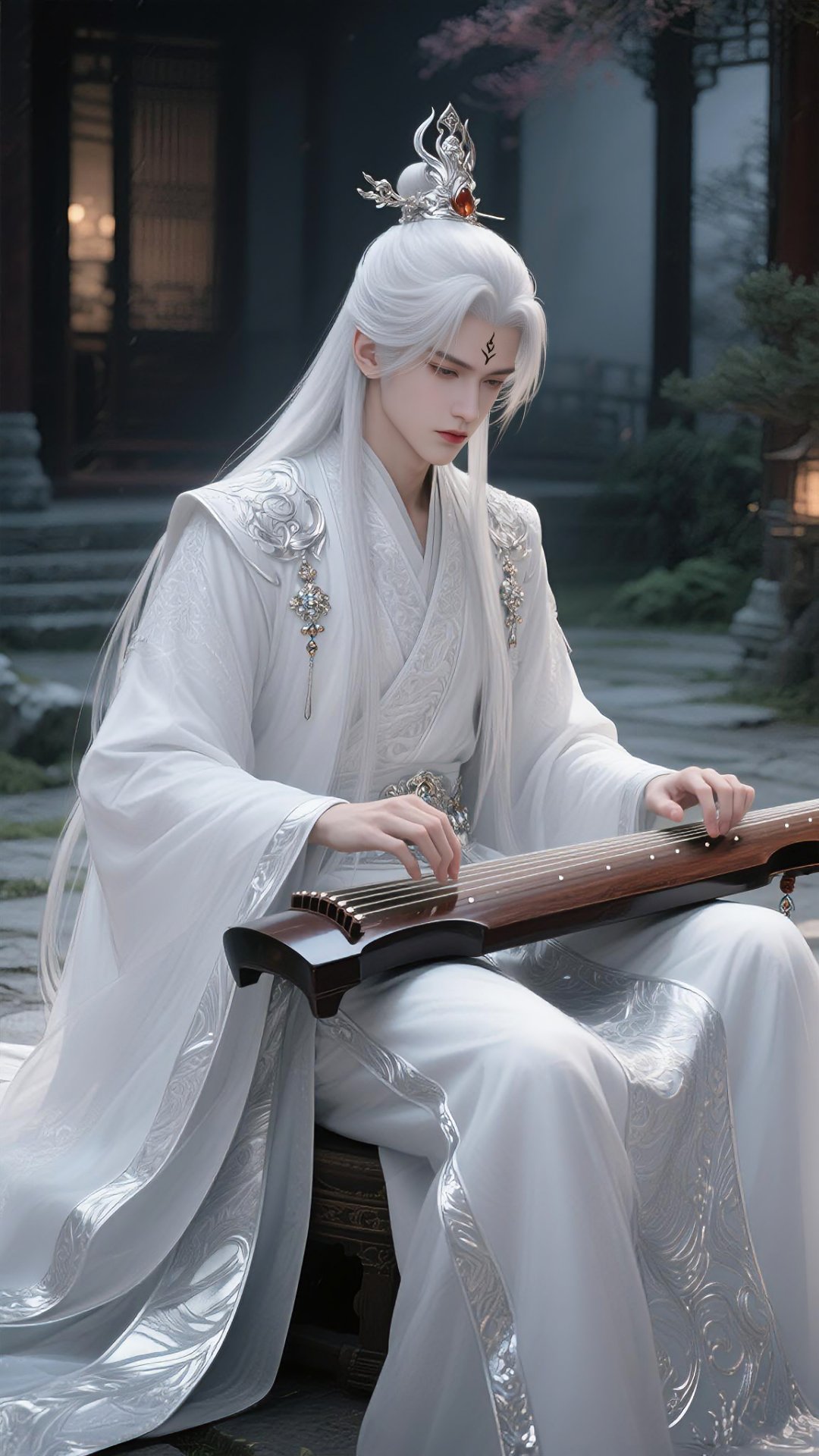 弹指间,琴音缭绕,如梦似幻,白发的他,仿佛来自古老