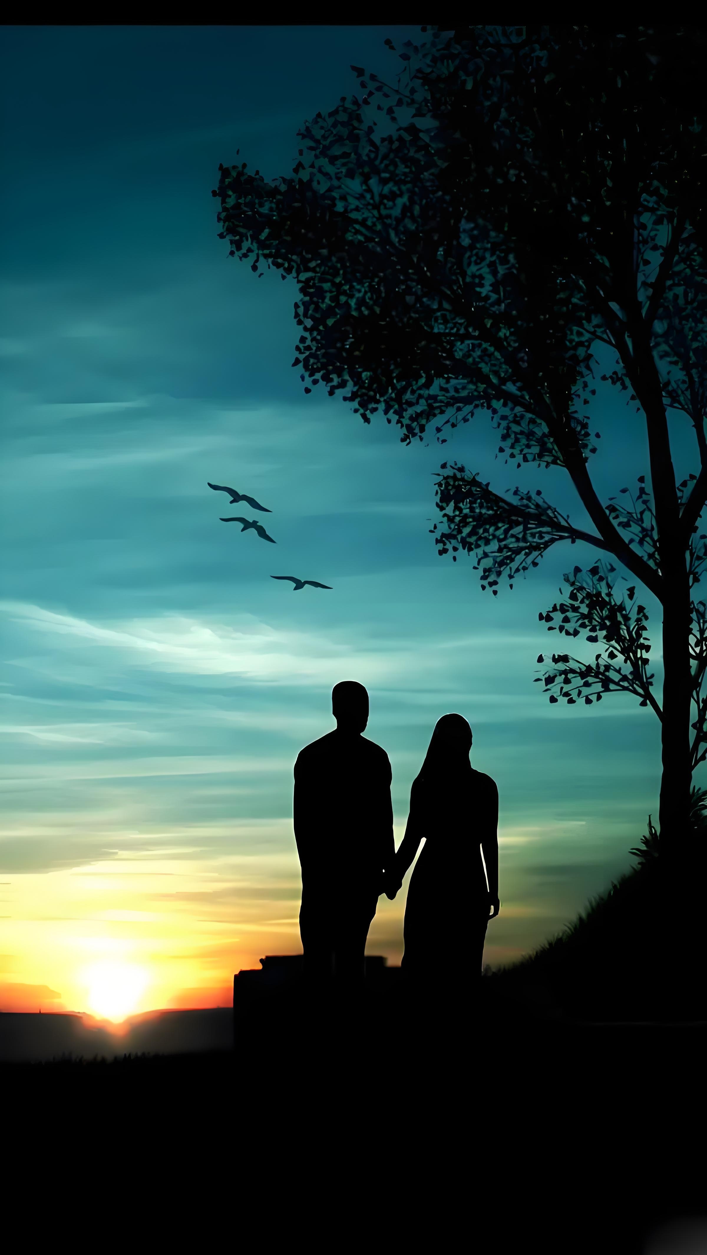 "落日余晖中,我们手牵手,静静站在山顶,看云卷云舒,鸟儿归巢