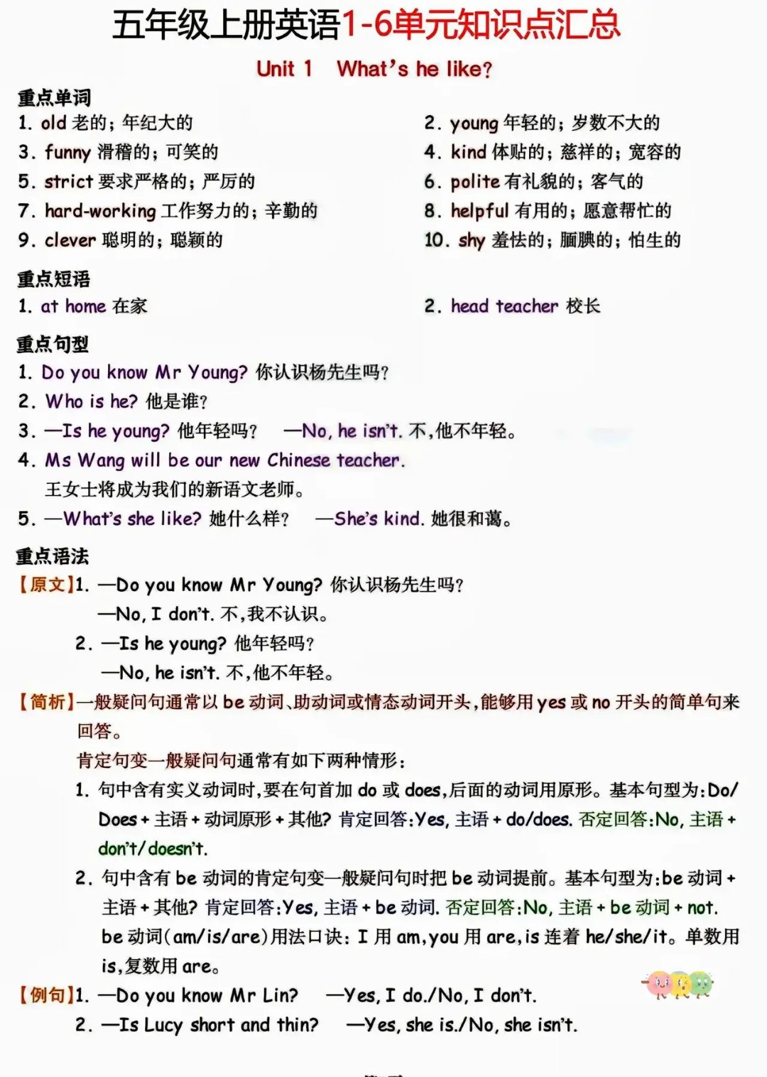 五年级上册人教版英语单元知识总结