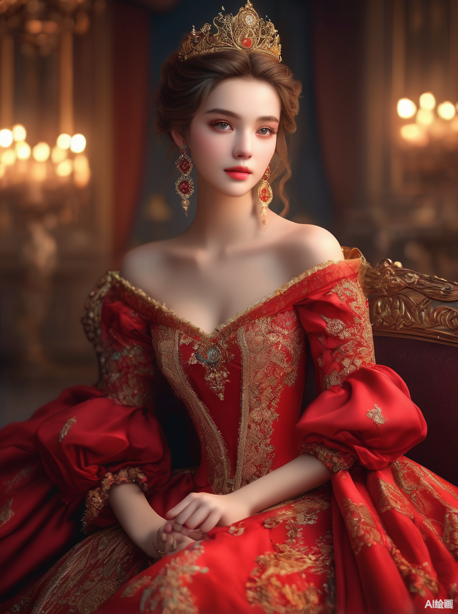 ai生成红色礼服的公主#文心一言app#  公主,红色高级丝绸露肩宫廷礼服