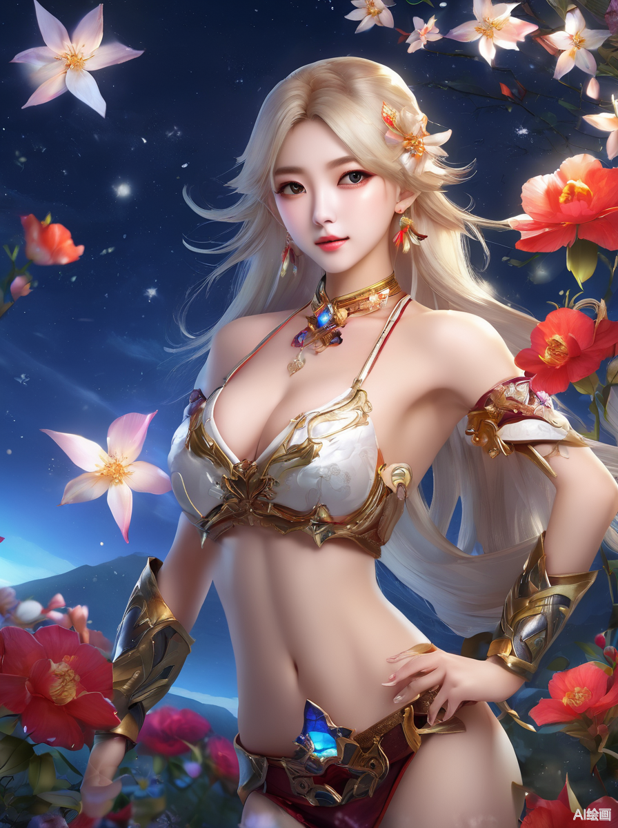20岁性感女孩,金发,战甲,肉色比基尼,低胸性感,美丽,年轻,有着温柔