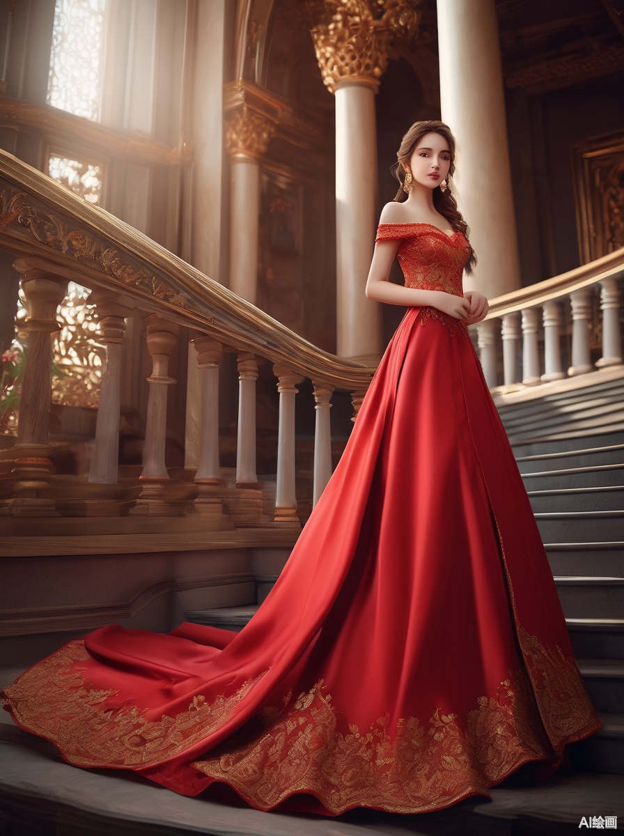 ai生成红色礼服的公主#文心一言app#  公主,红色高级丝绸露肩宫廷礼服