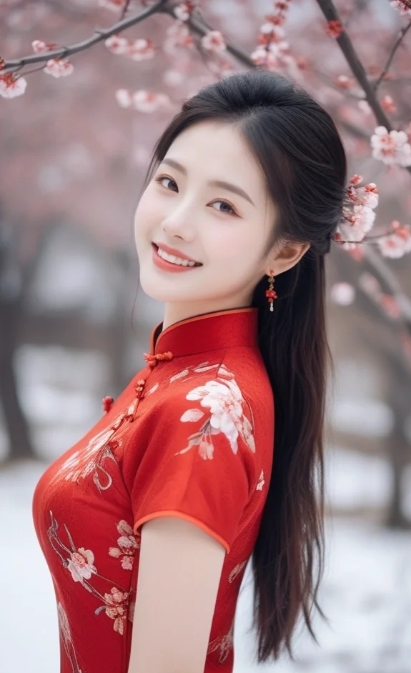 梅花女神身着红色旗袍,白色花朵点缀其上,宛如冬日里的一抹暖阳.