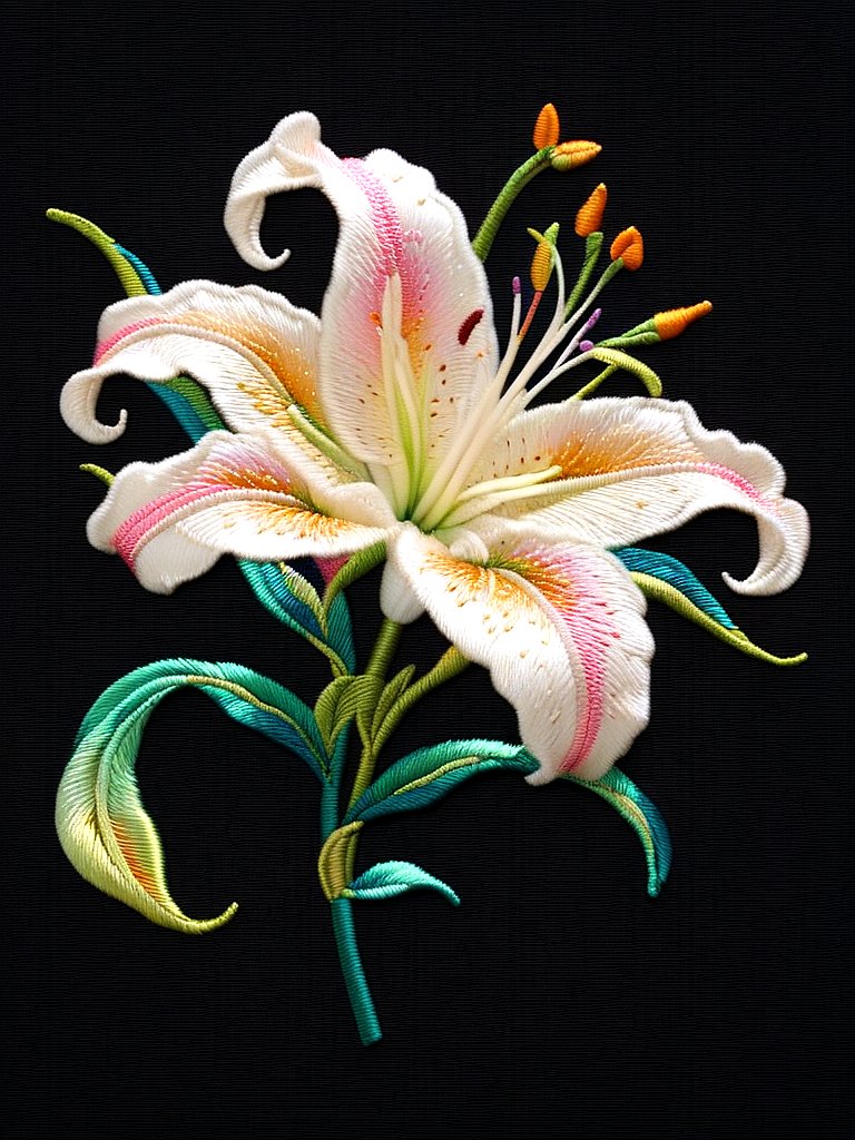这些百合花刺绣真美,好像刚从花园里摘下来的一样!