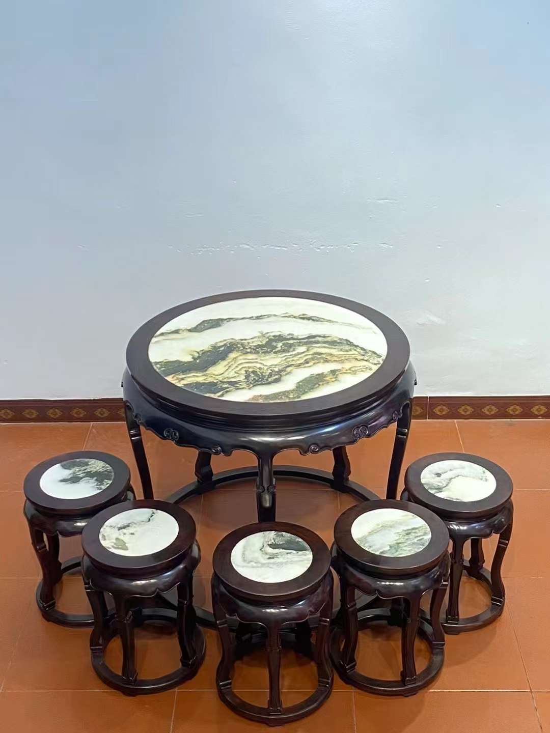 无补现货  五足三弯腿休闲圆桌(云石面)  规格:88×88/80cm  材质:大