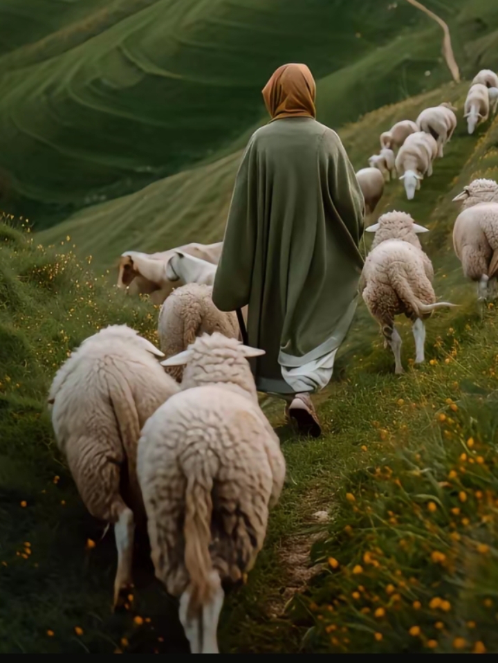 牧羊人带着他的羊群,在山坡上漫步,夕阳的余晖洒在他们身上,形成了一