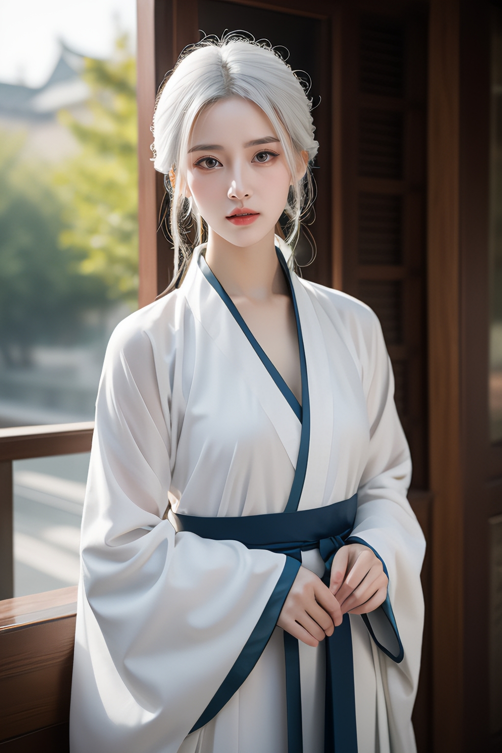 窗前的她,宛如一幅画,穿着一袭洁白的汉服,仿佛从古代穿越而来.