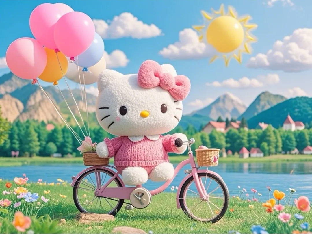 晒晒我家的萌娃,hello kitty 骑自行车出游,春日美景相伴,心情美美哒!