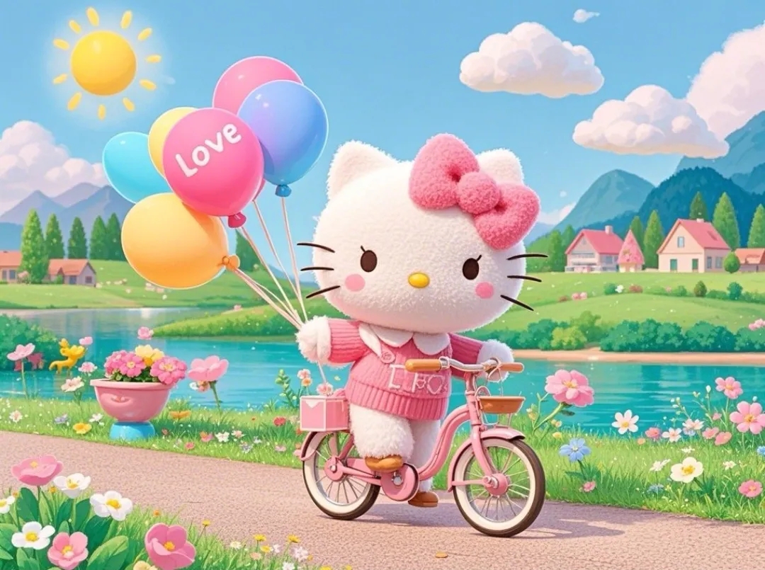 晒晒我家的萌娃,hello kitty 骑自行车出游,春日美景相伴,心情美美哒!