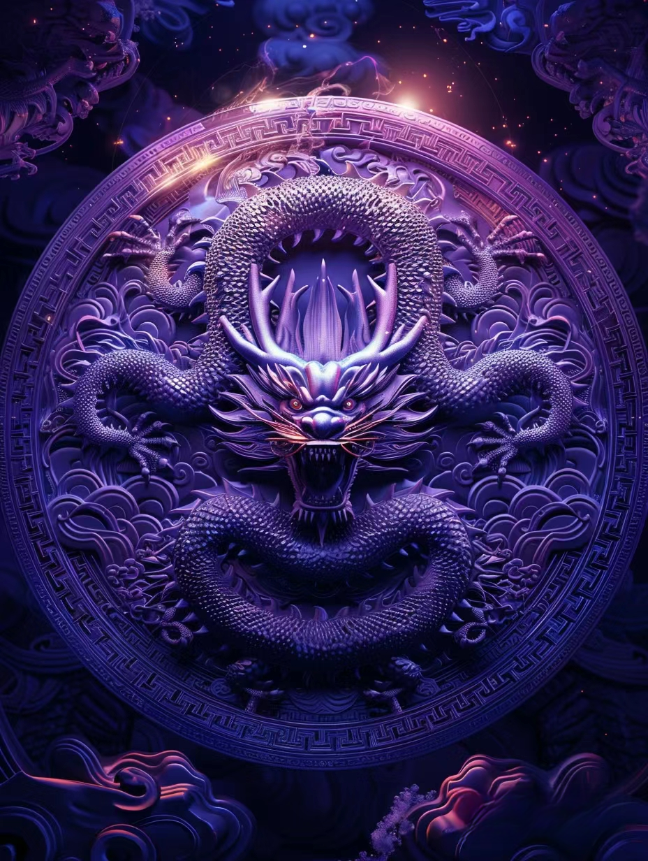 今日得见圆形紫调装饰龙图腾,中心龙形图案栩栩如生,尽显中华传统之美