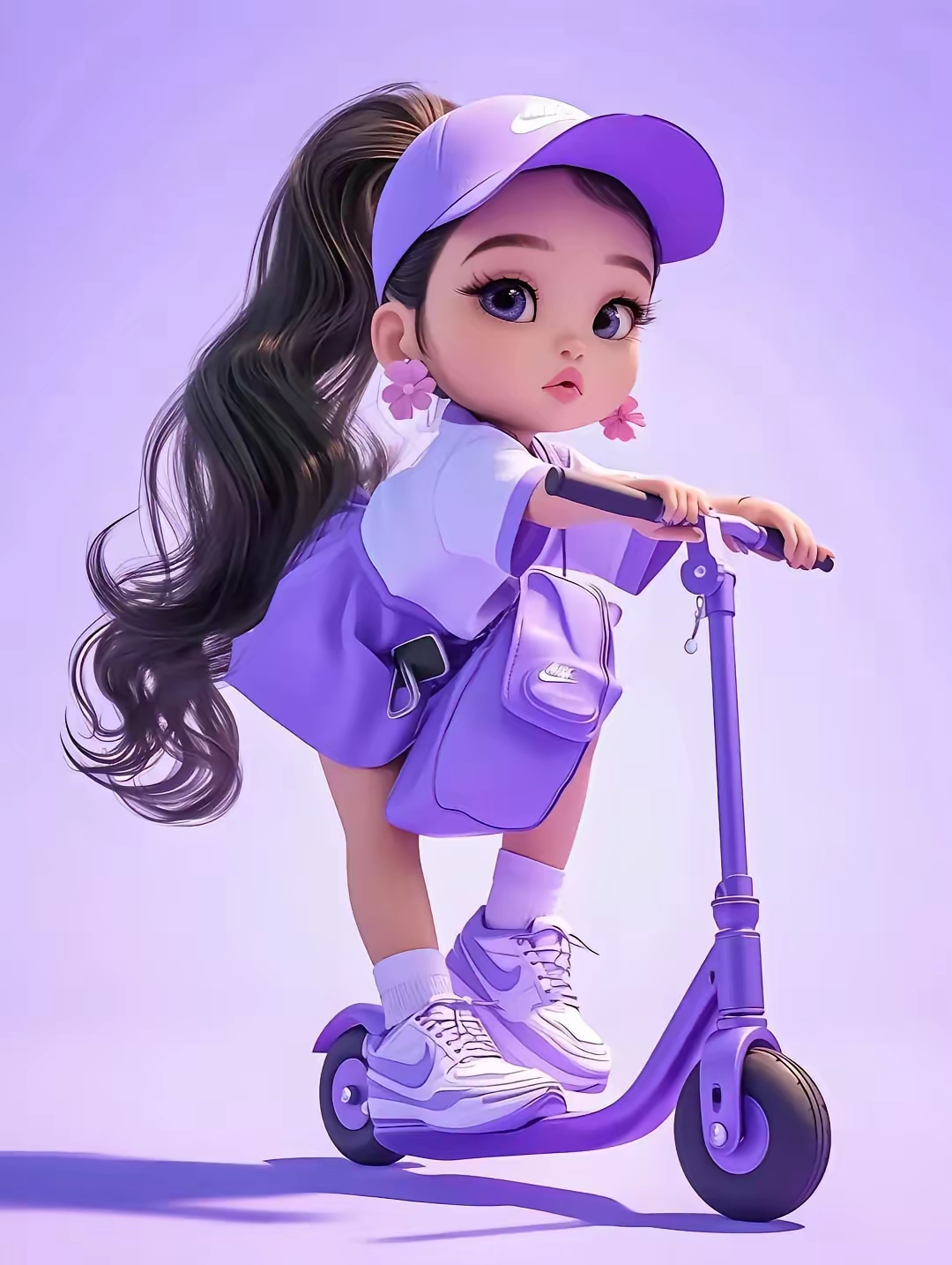 这个小女孩好酷啊!她骑着紫色的滑板车,像风一样自由!