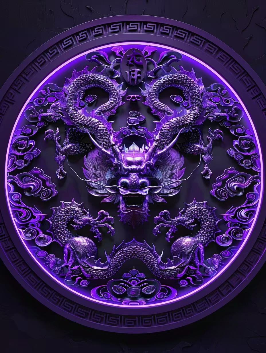 今日得见圆形紫调装饰龙图腾,中心龙形图案栩栩如生,尽显中华传统之美